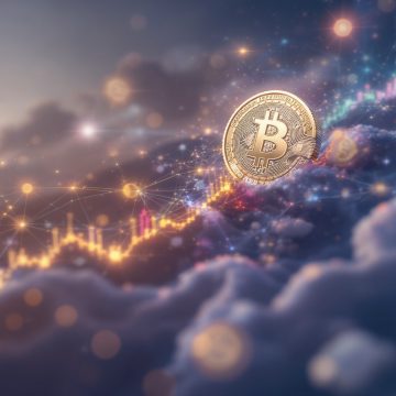 futuristic cityscape glowing with data streams, superimposed with golden Bitcoin SV coins