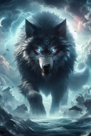 The great wolf Fenrir, son of loki in the final days at Ragnarök.jpeg