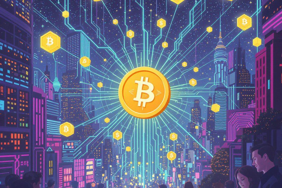 golden Bitcoin SV coins and blockchain symbols